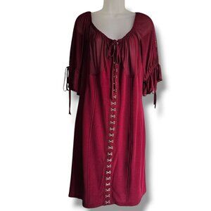 Haute Fox Dress Size 1X Burgundy Red Sheer Top Panel Lace-Up Front Ruffle Sleeve